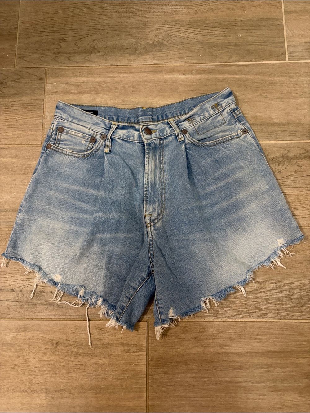 R13 Light Blue Distressed Pleated Damon short